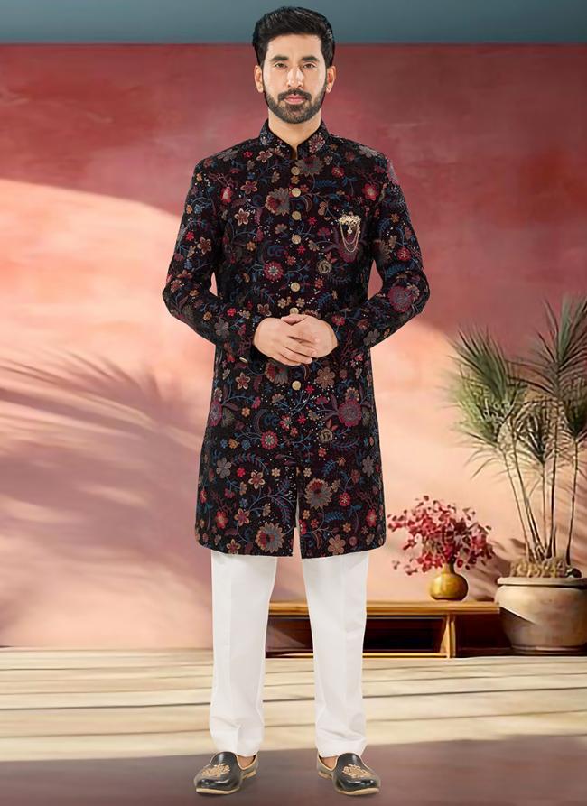 Velvet Multi Color Wedding Wear Embroidery Work Readymade Sherwani